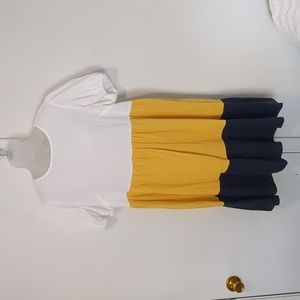 Short sleeve COTTON Color Block DRESS Sz L 8/10 Dark Gold Cream Babydoll 3 tier